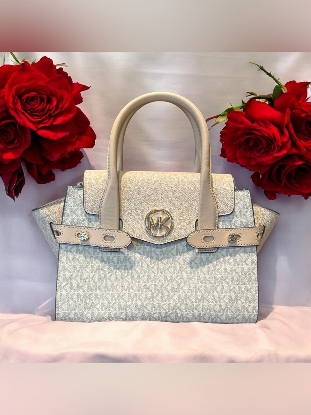 Michael Kors Cream and Light Gray Logo Satchel